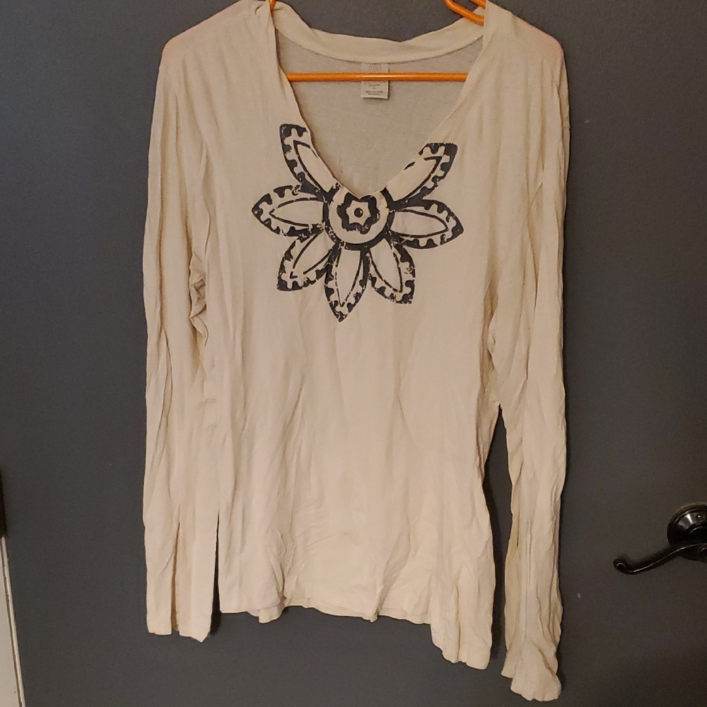 Balance Collection Cream Long Sleeve Top with Black Floral Design